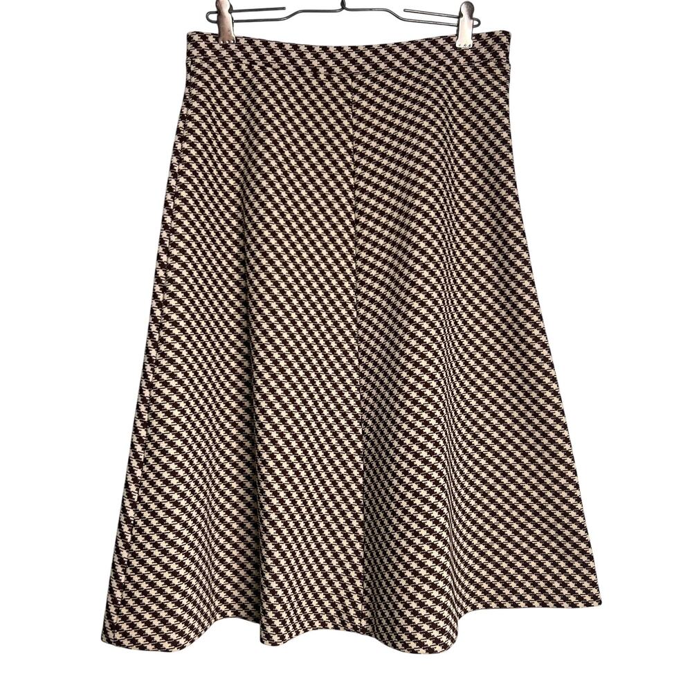 Vintage 70s Size Small Brown Houndstooth Polyester ALine Skirt Retro Academia